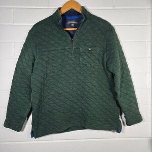 Eddie Bauer Mens Large Quilted 1/4 Zip Pullover Forest Snap Sweater Gorp Camping